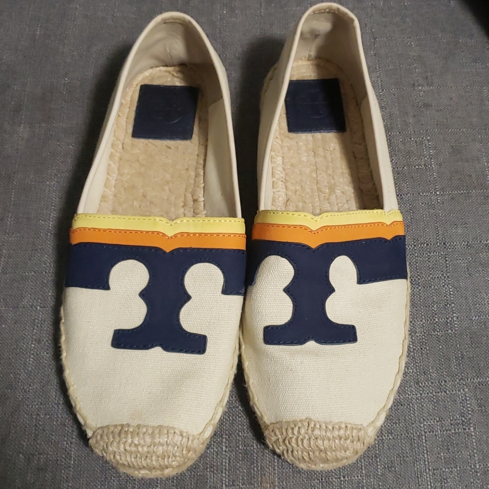 Tory Burch Cream Canvas Espadrilles with Navy, Yellow and Orange Trim